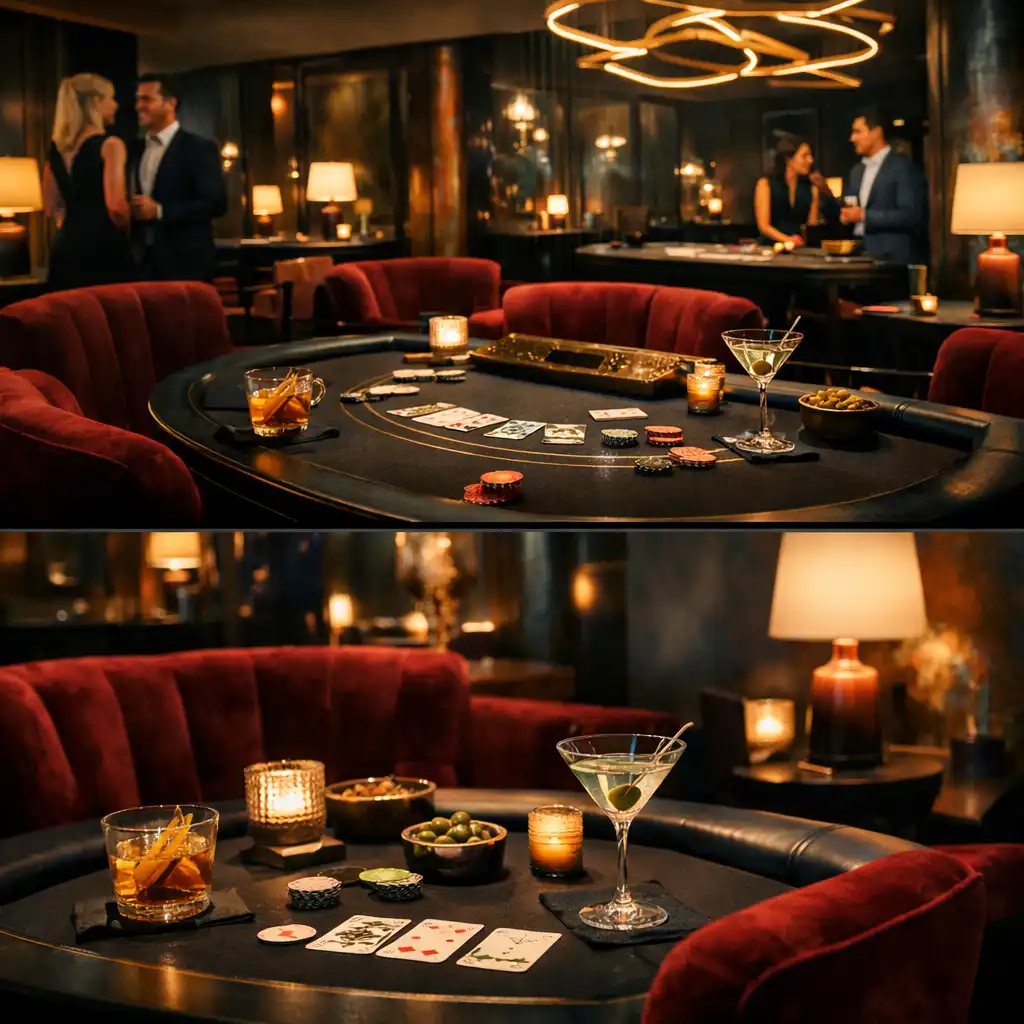 Lounge eventowy ze stołem blackjacka, sofami i ciepłym oświetleniem