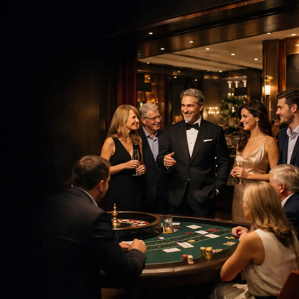 Zespół techniczny przygotowujący poker, ruletkę, blackjack, oświetlenie i lounge przed wieczornym wydarzeniem