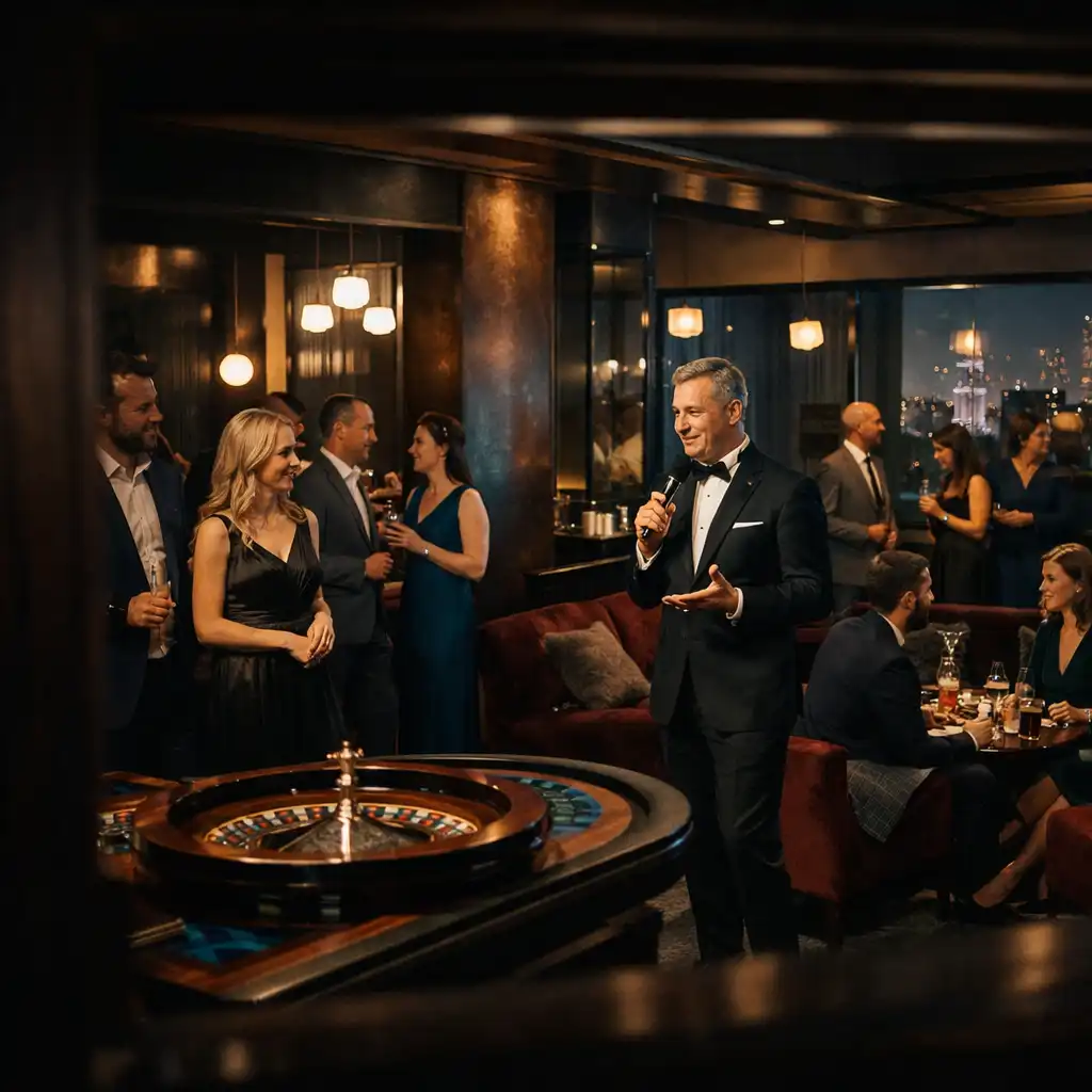 Prowadzący wita gości przy eleganckiej strefie ruletki i lounge podczas wieczornego eventu.