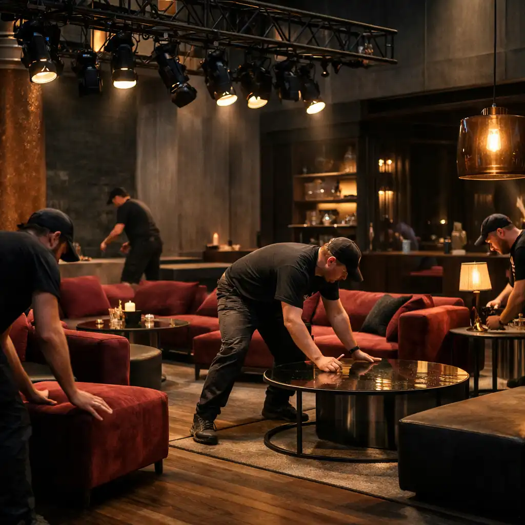 Zespół produkcyjny ustawia meble lounge i elementy scenografii pod instalacją oświetleniową.