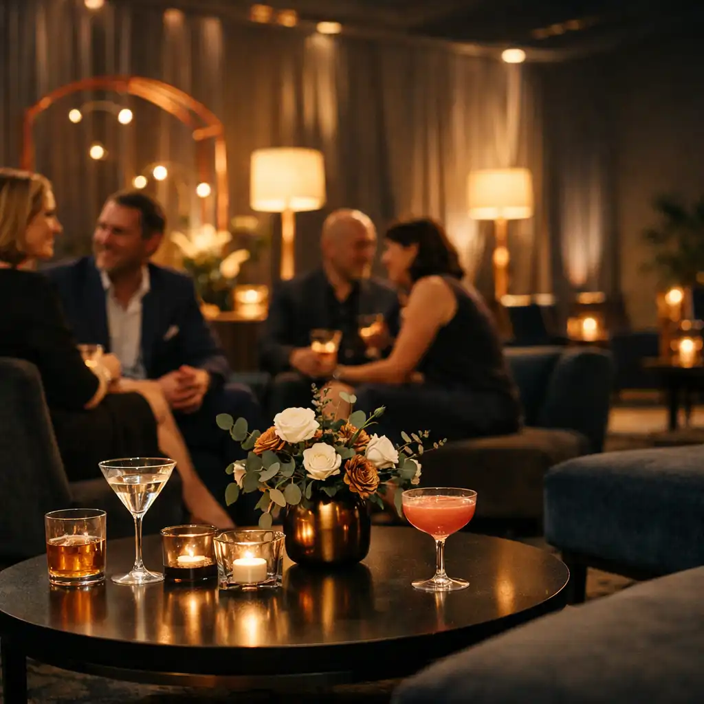 Goście rozmawiają w nastrojowej strefie lounge przy koktajlach