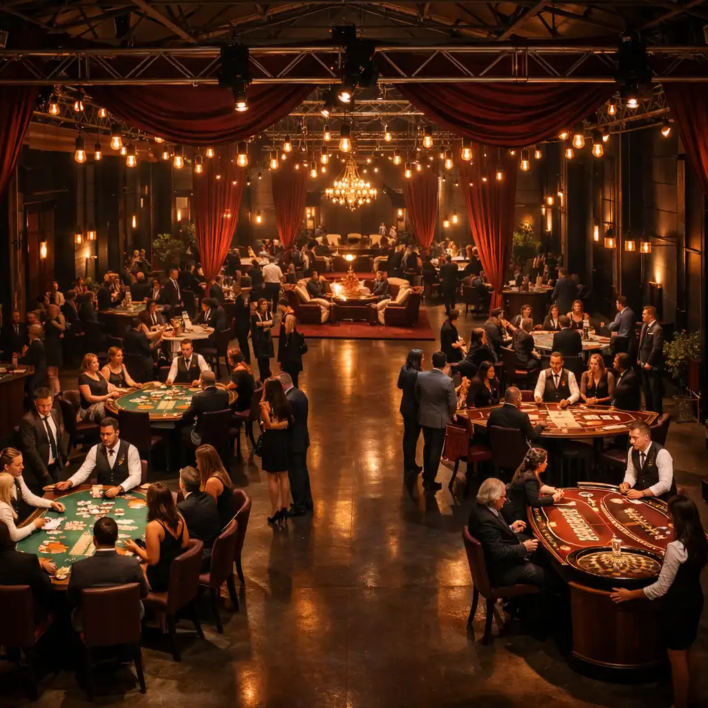 Kilka stołów pokerowych, ruletki i blackjacka podczas dużego firmowego Casino Event w przestrzeni postindustrialnej