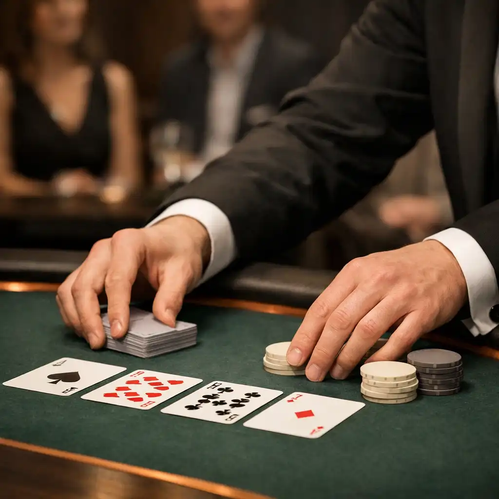 Dłonie prowadzącego układające karty i neutralne żetony na pokerowym stole