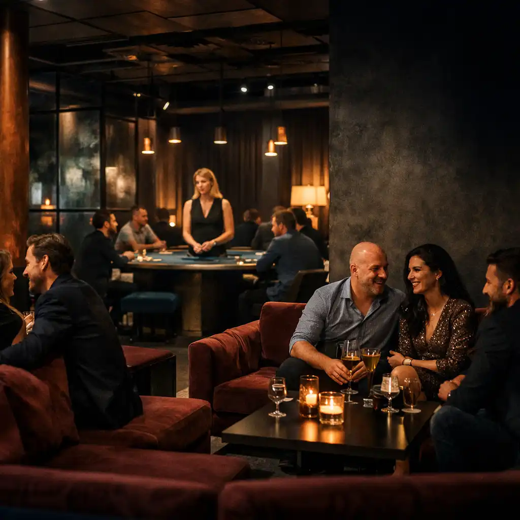 Goście rozmawiają w burgundowym lounge’u obok strefy pokerowej