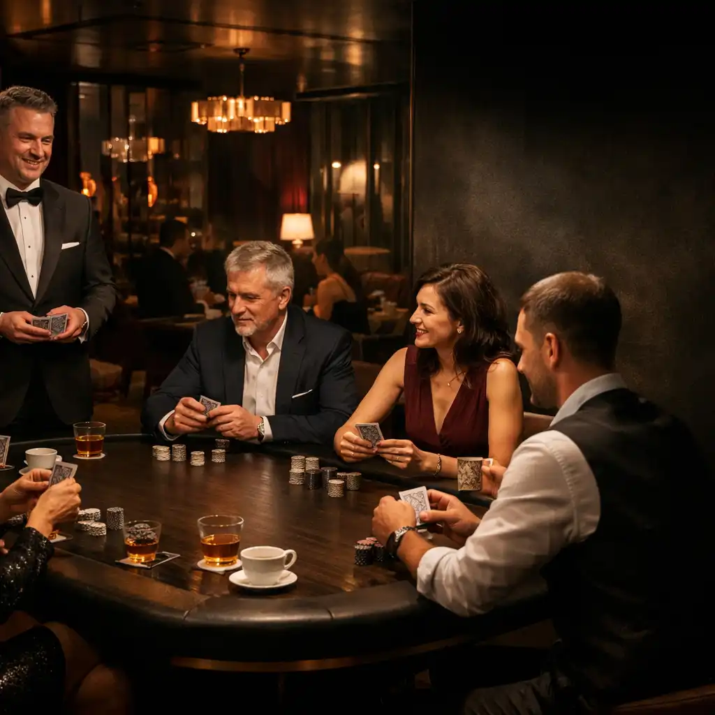 Prowadzący i goście rozmawiają przy eleganckim stole pokerowym podczas wydarzenia