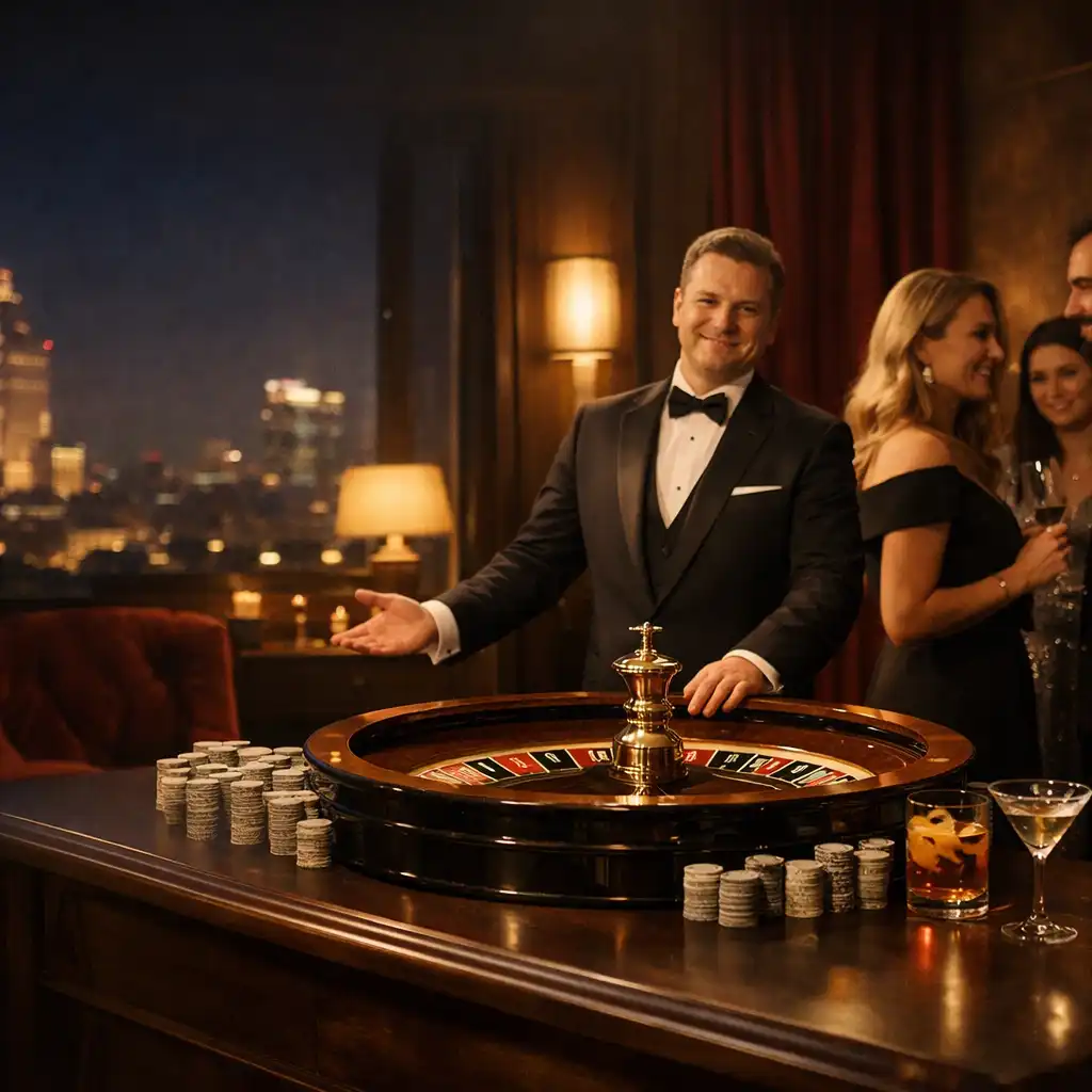 Goście i prowadzący przy fizycznym kole ruletki podczas eleganckiego wieczornego eventu